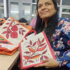 Here is a beautiful, hand painted jute tote bag from one of my fabric painting workshops. It is wonderful to see participants create something so practical and artistic that they can use every day.