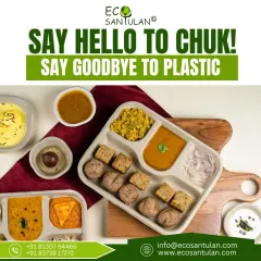 This is what a guilt-free Indian meal looks like. My compostable thali, made by CHUK, is strong enough to hold curries, rotis, and sweets without leaking or bending. It's microwave-safe, non-toxic, and returns to the earth after use, leaving no trace behind.
