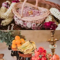 Details from the engagement ceremony, including the ring platter nestled in a basket of flowers and traditional fruit offerings. We believe these small details are essential for an authentic experience.