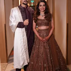 This is what it's all about: a perfectly styled couple, confident and happy. I worked with this lovely bride and groom to create complementary looks that reflect their individual personalities while looking stunning together. This is the result of careful planning, from the bride's shimmering lehenga to the groom's coordinated sherwani.