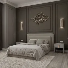 A sophisticated bedroom with dark, moody wall paneling that creates a cozy and intimate feel. The design is accented with a metallic wall sculpture and elegant wall sconces that provide warm, ambient light. Note: Image 10 is a duplicate.