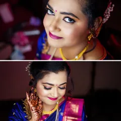 A collage of the bride's portraits from her engagement, showing both a smiling and a serene look.