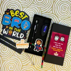 A closer look at our superhero-themed Rakhi combo for little brothers. It's packed with fun and personalized goodies that he will love.