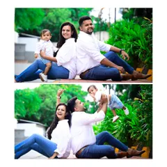 A fun and casual outdoor family photoshoot. The coordinated white shirts and jeans create a classic look, while the playful poses show the family's genuine connection and happiness.