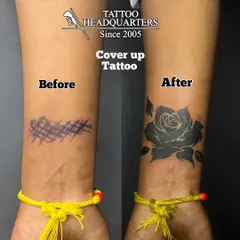 Before and after of a wrist cover-up. A faded, messy design is completely hidden by a solid blackwork rose, giving the client a fresh start.