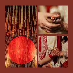 A collection of details from a wedding ceremony. The red backdrop, the exchange of rings, and the tying of the sacred thread all come together to tell a story of love, tradition, and commitment.