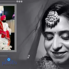 A serene black and white portrait of the bride from a Sikh wedding, capturing a moment of quiet reflection. The album layout also shows the groom's entrance.