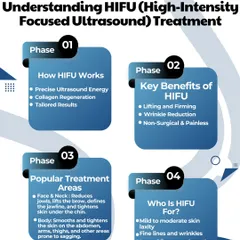 This infographic explains HIFU (High-Intensity Focused Ultrasound), a non-surgical facelift. Learn how it works, its key benefits like lifting and firming, and the popular areas we treat.