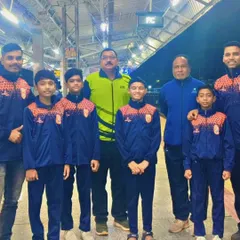 Our team, ready for the national stage. Coach Fayaz Jamadar stands with the Maharashtra U-14 boys' team before heading to Coimbatore for the National Level School Yogasana Competition. This is the result of months of preparation and hard work.