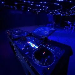 The calm before the storm. A shot of my DJ setup under the cool blue lights of the club, ready for the 'Back to the Future' themed party.