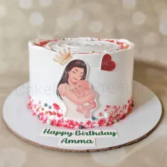 A simple and heartfelt cake for a new mom's birthday. The edible image of a mother and baby is a touching detail on this clean, white cream cake.