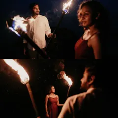A collage of two images from a night beach shoot, showing the couple interacting with flaming torches. The warm light of the fire creates a cinematic and romantic mood, perfect for a unique pre-wedding album.