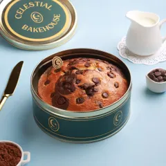A closer look at our Marvel Marble Cake in its tin. It’s generously studded with chocolate chips for an extra rich bite.