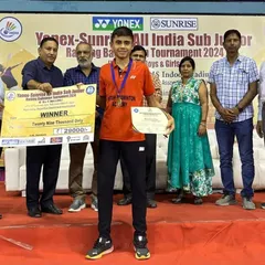 Celebrating a major win at the All India Sub Junior National Ranking tournament in Jaipur. Our student Dev is seen here receiving the winner's cheque and certificate, a proud moment for him and the entire academy.