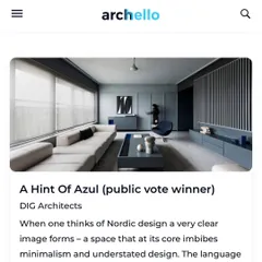 A screenshot of the Archello awards feature for 'A Hint of Azul', recognizing its unique take on Nordic design.