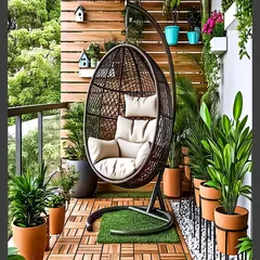 A hanging swing chair is one of my favorite ways to create a cozy boho corner. Here, I combined a comfortable rattan egg swing with warm wood decking, terracotta pots, and a slatted wood accent wall. This setup is ideal for anyone looking to create a personal nook for reading and unwinding.