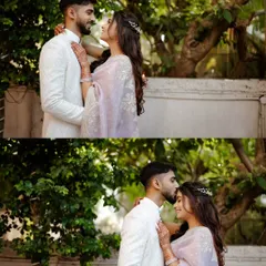 A collage of tender outdoor portraits. The groom's gentle kiss on the bride's forehead is a perfect, heartfelt moment from their engagement day.
