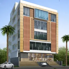 An alternative 3D proposal for a commercial space, exploring a different facade treatment with vertical wooden louvers and varied window placements.