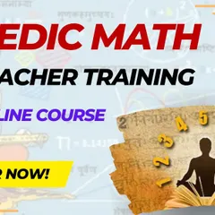 A promotional image for the online Vedic Math Teacher Training course. The visuals connect the ancient roots of Vedic mathematics with modern online learning, inviting you to register and start your journey.