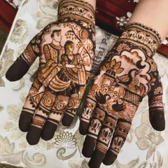 An intricate design perfect for festivals. One hand depicts a couple during a ceremony, while the other features a beautiful peacock and diya design.