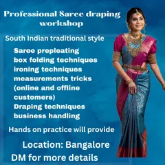 My professional saree draping workshop in Bangalore covers South Indian traditional style, including pre-pleating, box folding, and ironing techniques.