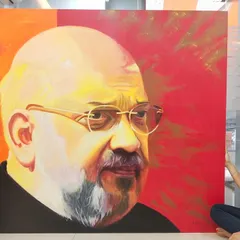 Here I am with one of my largest commissions, a 5.5-foot portrait of Mr. Amit Shah. Creating large-scale statement pieces like this is a challenge I love, focusing on every detail to honor the subject. This piece is a testament to what's possible with oil on canvas.