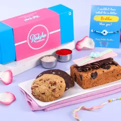 Another variation of our Rakhi gift box, featuring a delicious chocolate chip teacake and assorted cookies.