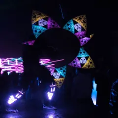This shot captures the incredible detail my visual poi can create. The artist is spinning a complex fractal pattern with vibrant colors, demonstrating the artistic and technical capabilities that go far beyond simple light trails. This was part of a stage show at NSCI Worli.