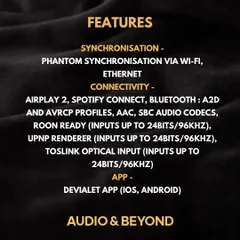 A look at the technical specifications of the Devialet Phantom I 108 dB speaker. It offers versatile connectivity options including AirPlay 2, Spotify Connect, and Bluetooth, ensuring seamless synchronization and high-resolution audio streaming.