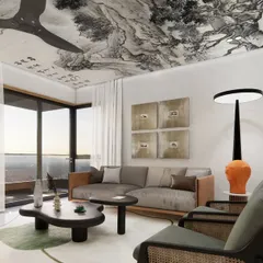 The lounge area in the Renaissance Bellevue penthouse, featuring a stunning custom-painted ceiling, a mix of modern and classic furniture, and large windows that open onto a balcony with city views.