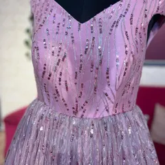 A close-up of the gown's bodice, showing the intricate sequin pattern and sweetheart neckline.