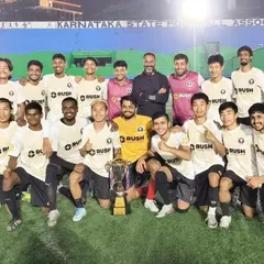 The entire BTM FC squad celebrating with the trophy after being crowned winners of the 2024 Prasanna Kumar Memorial Tournament. A proud moment for everyone involved.