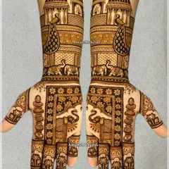 A minimal yet majestic bridal design. Both hands feature symmetrical patterns of peacocks, elephants, and palaces, creating a look of balanced and traditional beauty.