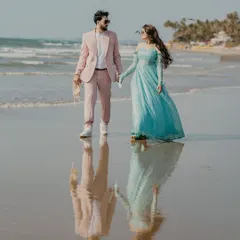 A stunning reflection shot on the wet sands of a Goa beach. The couple's reflection is almost perfectly mirrored, creating a beautiful and artistic pre-wedding photograph.