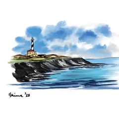 A lighthouse standing as a beacon of hope against a dramatic sky. This seascape illustration combines architectural drawing with natural elements to create a powerful and narrative scene.