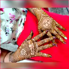 A personalized bridal design featuring the bride's name, "Mahina," and the couple's initials "M" and "K" in a heart. The other hand features a classic engagement ring motif.