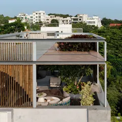 A multi-level rooftop landscape where planters with native species define movement and frame views. The greenery is not just decoration but a central idea of the structure, integrating the building with its environment.