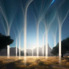 This image depicts the "Meadows Plaza" at the base of the Meta Tower, a nod to the historical name of Las Vegas. Ethereal light trees create a magical, serene meadow, offering a virtual escape within the heart of the metaverse city.