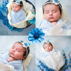 A beautiful story in shades of blue. This collage combines different poses, from a close-up portrait to a full-body shot in a basket, all tied together with a lovely blue floral theme.