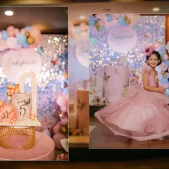 A collage showing the birthday girl in her beautiful pink dress and the elaborate cake and decor. I focus on capturing both the big picture and the small details of the party.