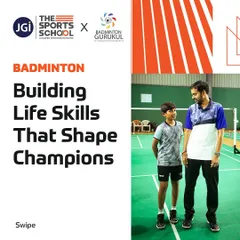 An infographic highlighting how our badminton program, in partnership with Badminton Gurukul, builds life skills like agility, focus, and determination.