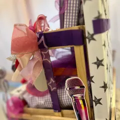 A detail shot of the popstar hamper, showing the microphone cutout and layered textures that bring the theme to life.