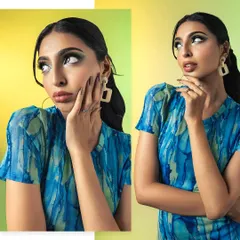 Another artistic collage capturing the model's expressive and thoughtful poses. The layout effectively showcases her versatility and the modern styling of the shoot.