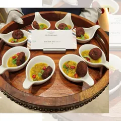 Ragda Pattice, deconstructed and served elegantly in individual spoons. This gourmet take on a beloved street food is perfect for passed appetizers at any upscale event.