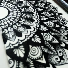 Another perspective on my half-mandala, showing the texture of the ink on paper. I offer workshops for anyone interested in learning the basics of this art form.