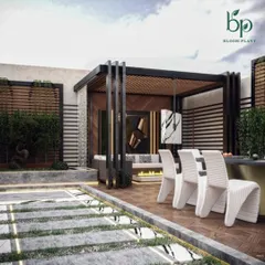 A 3D design concept for a modern terrace dining area. The plan includes a sleek pergola, a comfortable dining set, and integrated lighting within the flooring and planters to create a sophisticated ambiance for evening meals.