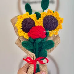 For this special Valentine's Day order, I combined two cheerful sunflowers with a single red rose. The bouquet is wrapped in rustic burlap with a simple red ribbon, creating a heartfelt and natural look.