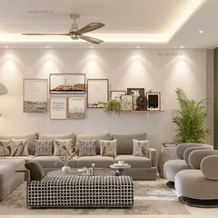 This living room is designed for serene comfort. We used a soft, neutral color palette with a large sectional sofa, a gallery wall for a personal touch, and layered lighting to create a warm and inviting atmosphere for the family.