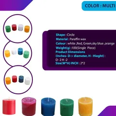 This sheet shows the multi-color options available for the 2x2 inch pillar candles. You can order a mix of red, white, blue, green, and yellow.
