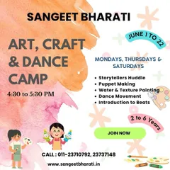 This poster for our Art, Craft & Dance Camp highlights the blend of activities we offer for children aged 2 to 6. The camp includes storytellers huddles, puppet making, and an introduction to beats and dance movement.